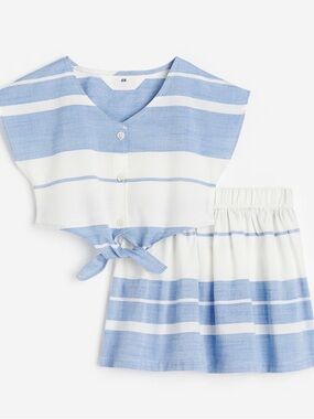 H&M Blue and White Striped Tie-Front Crop Top & Skirt Set